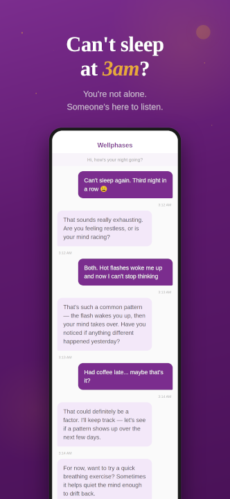 Wellphases chat screen — support for night sweats and sleep problems during perimenopause